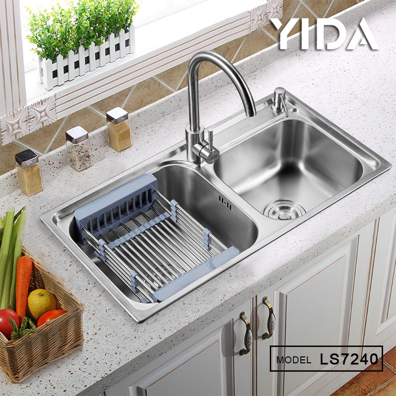Double Bowl Brushed Finish Kitchen Sink with Basket - LS7240